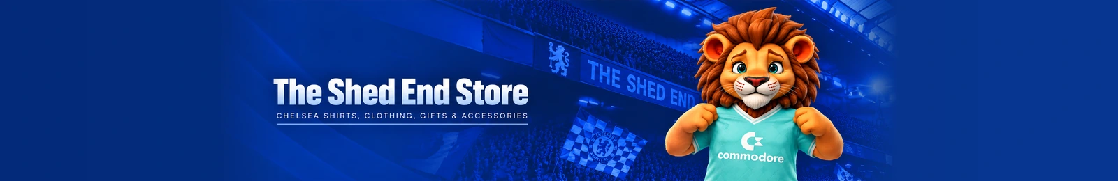The Shed End Store: Chelsea shirts, clothing, gifts and accessories. The Shed End lion proudly shows his jade Commodore shirt.